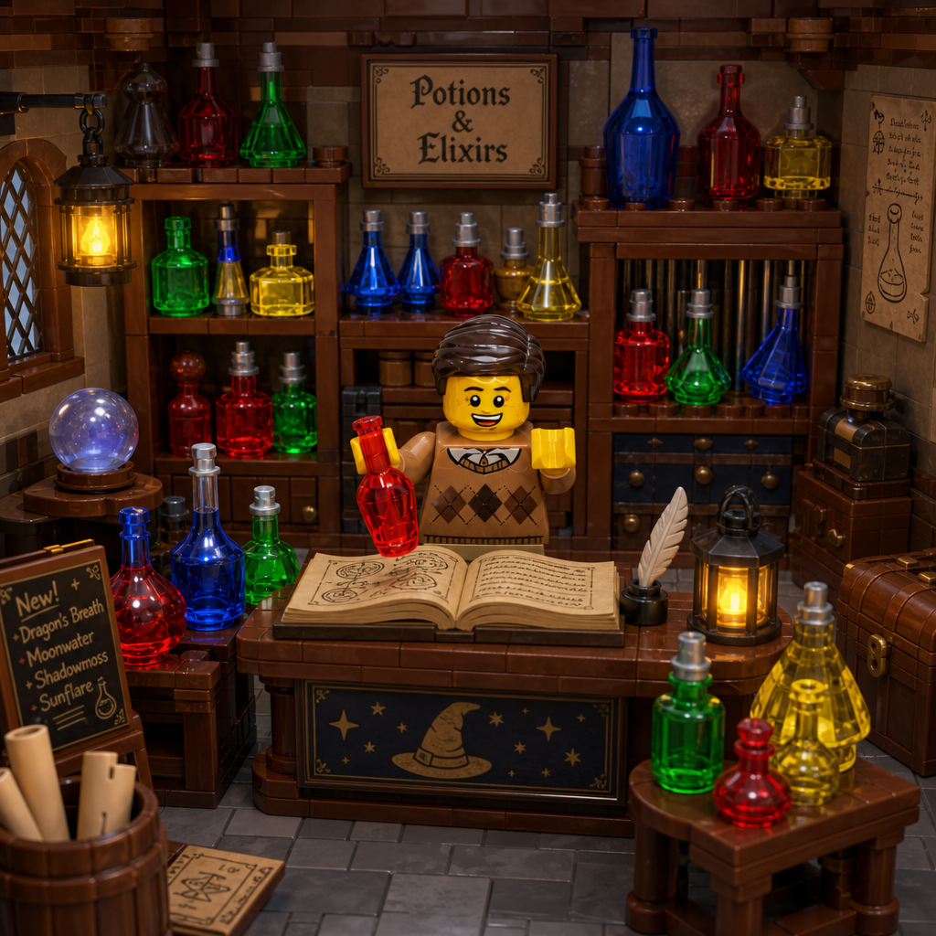 LEGO figure in a potion-making setup with colorful bottles and books.