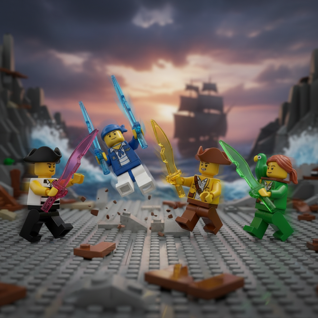 Four LEGO figures with swords in a battle pose against a ship and sunset backdrop.