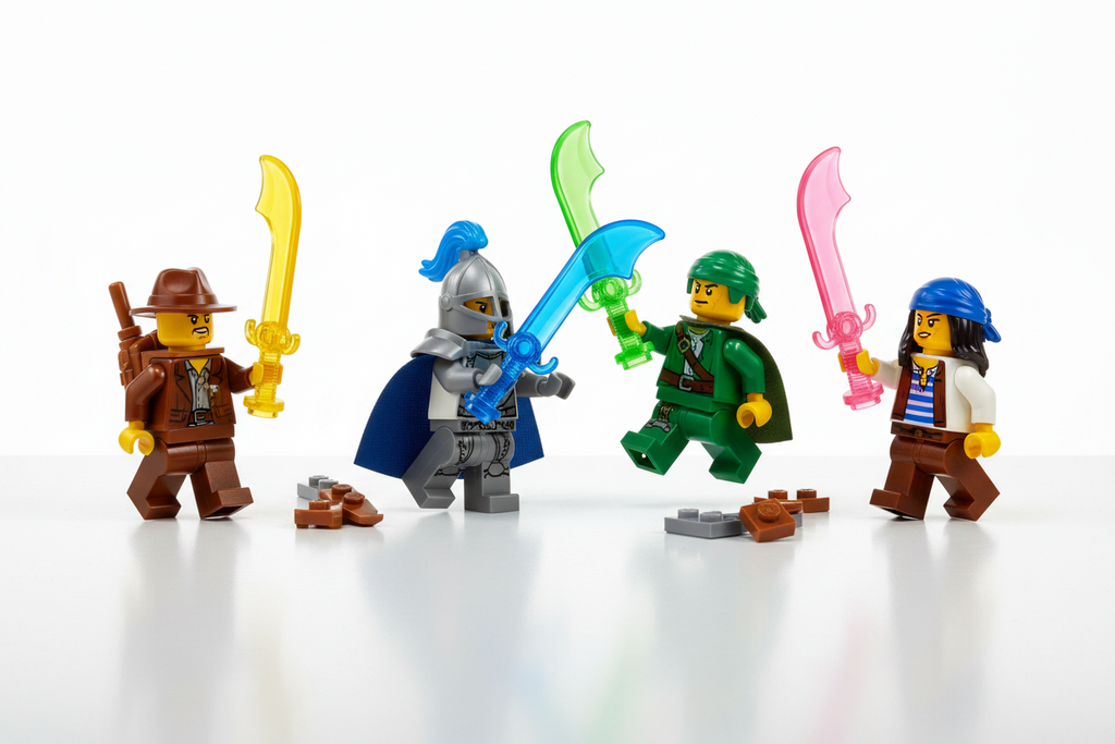 Four LEGO minifigures with weapons on a white background