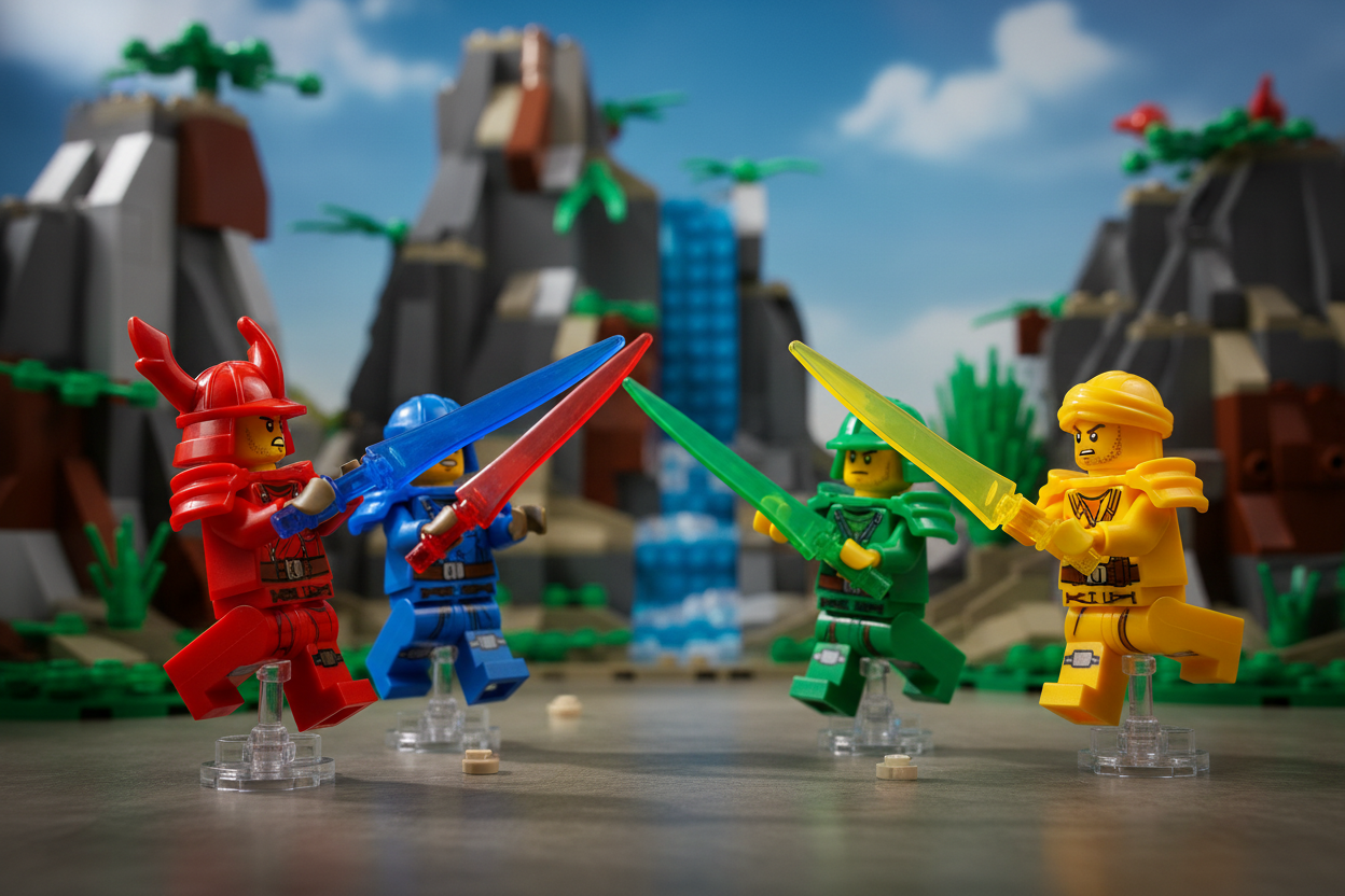 Four colorful action figures with swords in a staged setting with mountains and sky.