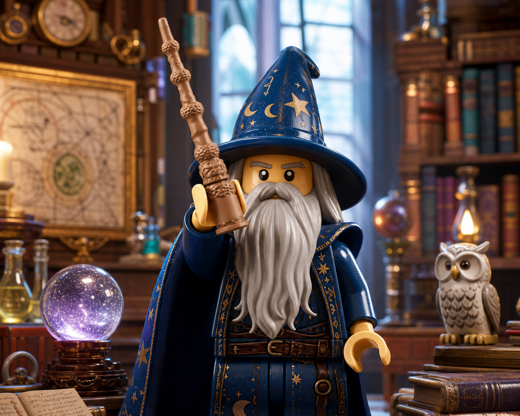 Toy wizard figure with a hat and staff in a magical setting with books and an owl.