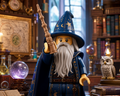 Toy wizard figure with a hat and staff in a magical setting with books and an owl.