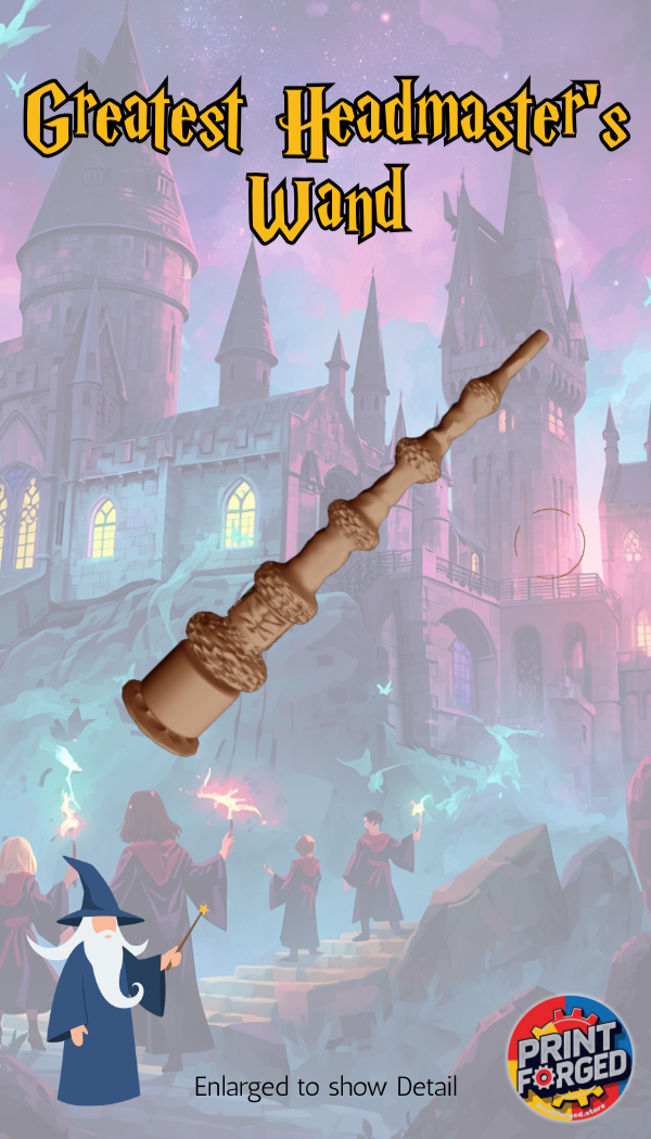 Wand with castle and wizards in the background, labeled 'Greatest Headmaster's Wand'.