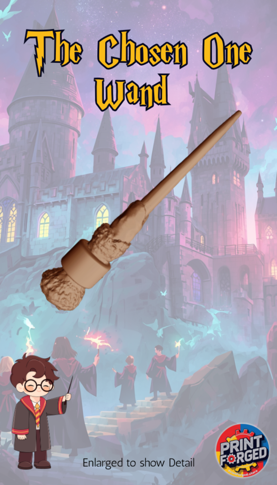Toy wand with 'The Chosen One Wand' text against a castle and wizarding world background.