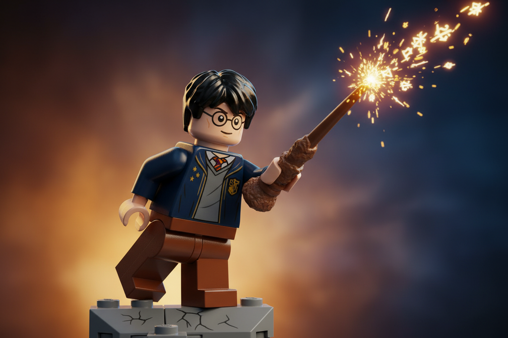 LEGO figure of a character holding a sparkler against a dark background