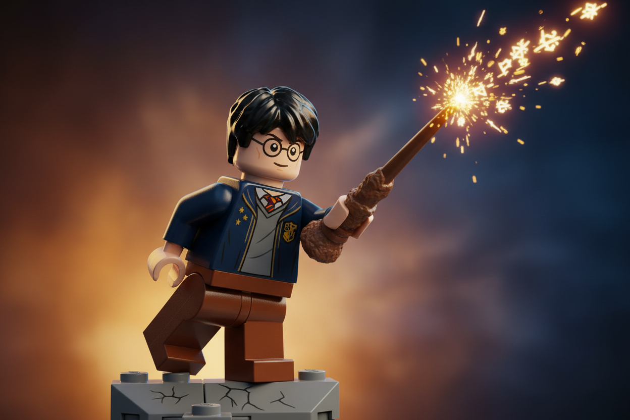 LEGO figure of a character holding a sparkler against a dark background