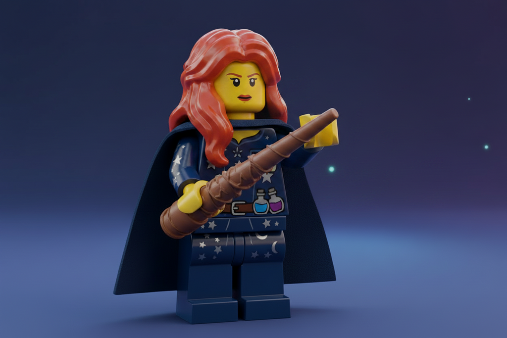 LEGO figure with red hair and a dark cape holding a wand against a dark background