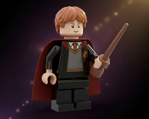 LEGO minifigure of a character from a fantasy series holding a wand on a white background